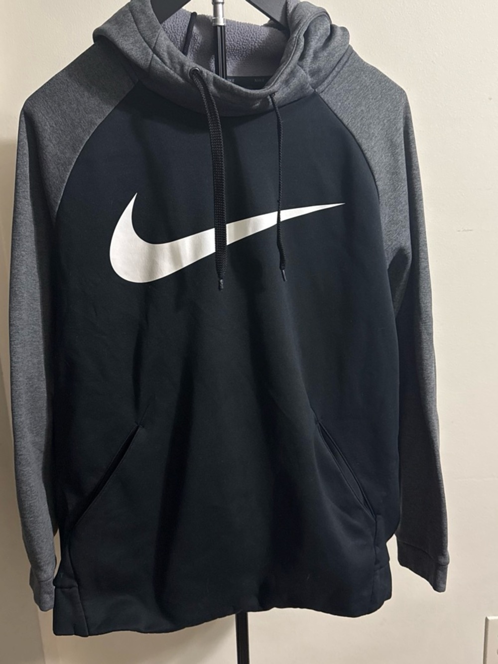Nike Black Hoodie with Gray Raglan Sleeves and White Swoosh